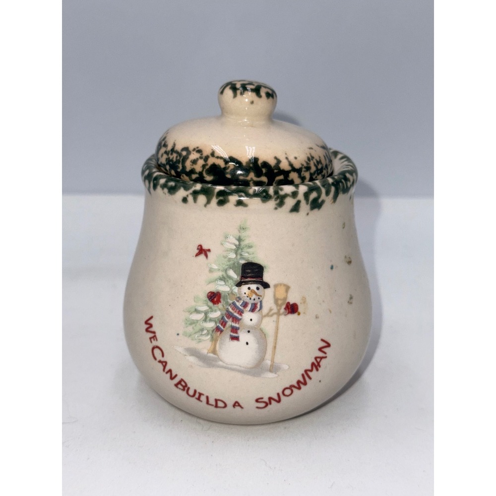 Unbranded Snowman Jam Jar Holiday Cream Green Excellent Stoneware Lidded Pot